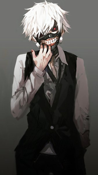 Anime picture 564x1000 with tokyo ghoul studio pierrot kaneki ken zen33n single tall image looking at viewer short hair simple background red eyes white hair grey background teeth grin gradient background hand in pocket black sclera boy shirt necktie