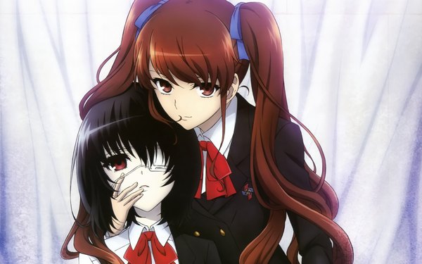 Anime picture 4000x2500 with another p.a. works misaki mei akazawa izumi long hair looking at viewer highres short hair black hair smile red eyes brown hair wide image twintails multiple girls absurdres hug girl uniform ribbon (ribbons)