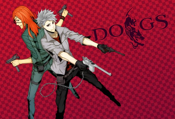 Anime picture 1320x900 with dogs: bullets & carnage david production haine rammsteiner badou nails sami (object dump) long hair short hair simple background smile red eyes white hair red hair looking back from above piercing back to back checkered background boy gloves earrings