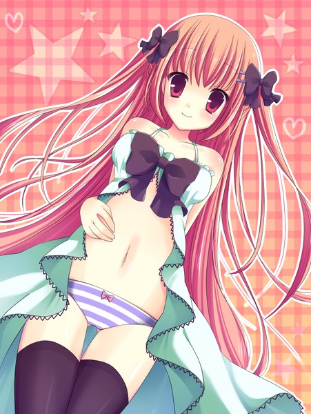 Anime picture 2856x3794 with ringonotane (muku) single long hair tall image looking at viewer blush highres light erotic smile red eyes cleavage red hair two side up ass visible through thighs girl thighhighs navel hair ornament underwear panties