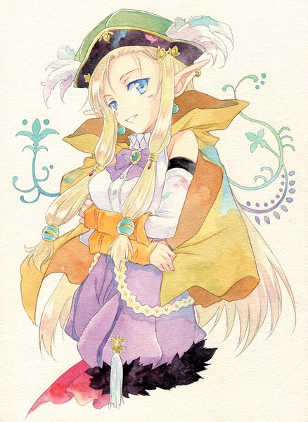 Anime picture 700x958 with rune factory rune factory 3 dahlia (rune factory) agahari single long hair tall image looking at viewer blue eyes blonde hair smile bare shoulders pointy ears piercing ear piercing crossed arms elf traditional media watercolor (medium) girl