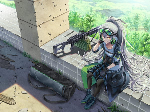 Anime picture 2397x1797 with girls frontline aek-999 (girls frontline) makkuro single looking at viewer fringe highres smile hair between eyes sitting yellow eyes payot silver hair full body bent knee (knees) outdoors ponytail very long hair from above open jacket