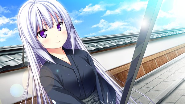 Anime picture 1280x720 with harvest overray giga yatsurugi komachi single long hair blush smile wide image purple eyes looking away game cg sky cloud (clouds) white hair traditional clothes japanese clothes girl weapon sword katana