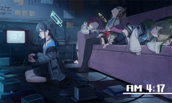 Anime picture 2300x1372 with blue archive aris (blue archive) momoi (blue archive) midori (blue archive) yuzu (blue archive) nekoreito highres short hair blue eyes black hair blonde hair wide image sitting multiple girls red hair eyes closed very long hair wariza sleeping siblings