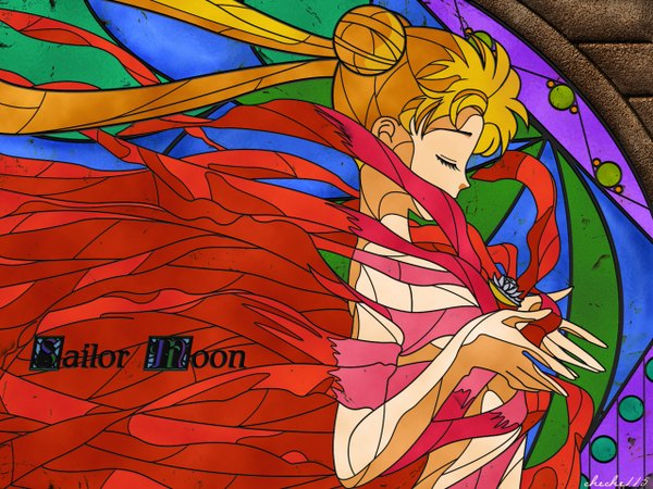 Anime picture 1280x960 with bishoujo senshi sailor moon toei animation tsukino usagi sailor moon long hair blonde hair twintails eyes closed profile girl ribbon (ribbons) stained glass