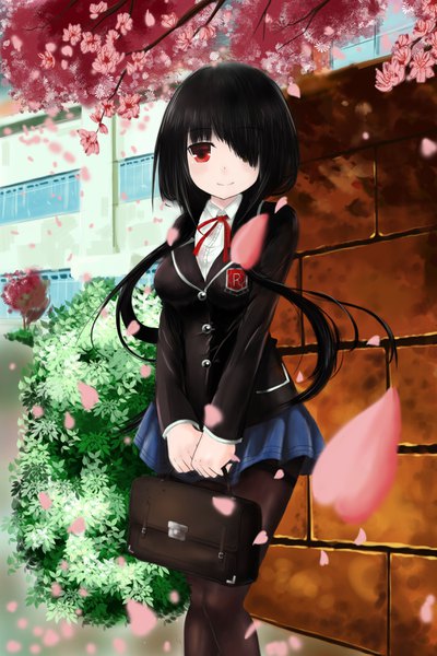 Anime-Bild 2362x3543 mit date a live tokisaki kurumi kuangxiang sanchongzou single long hair tall image looking at viewer fringe highres breasts black hair smile red eyes standing twintails holding payot bent knee (knees) outdoors pleated skirt