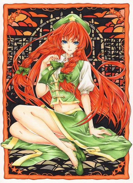 Anime picture 651x900 with touhou hong meiling olmatown single long hair tall image looking at viewer fringe sitting red hair braid (braids) traditional clothes light smile wind bare belly twin braids chinese clothes framed star print girl
