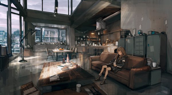 Anime picture 2000x1107 with lavender quartz torabishi lana lm7 (op-center) single long hair blush fringe highres brown hair wide image sitting holding brown eyes looking away full body indoors open jacket city girl jacket