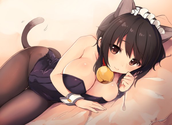 Anime picture 981x715 with original kedama milk single blush fringe short hair breasts light erotic black hair simple background large breasts bare shoulders brown eyes animal ears tail animal tail light smile cat ears cat tail girl