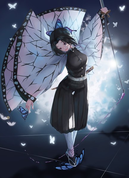 Anime picture 1124x1553 with kimetsu no yaiba ufotable kochou shinobu nekobell single tall image fringe short hair breasts blue eyes black hair smile standing holding full body traditional clothes japanese clothes wide sleeves looking down butterfly on hand