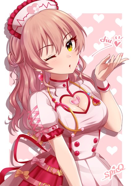 Anime picture 2894x4093 with idolmaster idolmaster cinderella girls jougasaki mika spicapix single long hair tall image looking at viewer highres light erotic signed yellow eyes pink hair one eye closed wink border cleavage cutout outside border nurse blown kiss