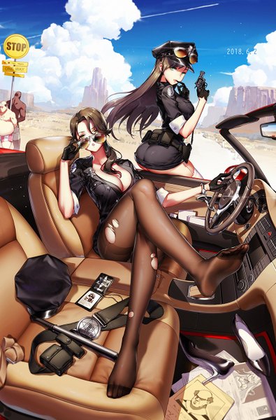 Anime picture 840x1274 with azur lane arizona (azur lane) pennsylvania (azur lane) rhodes garden long hair tall image looking at viewer fringe breasts light erotic hair between eyes brown hair large breasts sitting bare shoulders multiple girls holding green eyes payot sky