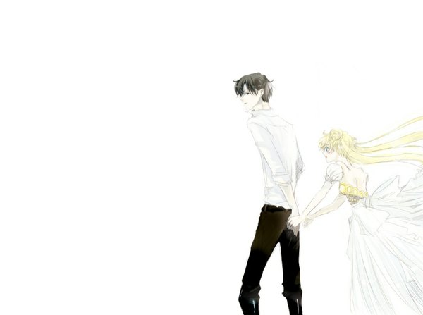 Anime picture 1046x780 with bishoujo senshi sailor moon toei animation tsukino usagi princess serenity prince endymion long hair short hair blue eyes black hair simple background blonde hair standing white background twintails profile from behind black eyes couple back holding hands