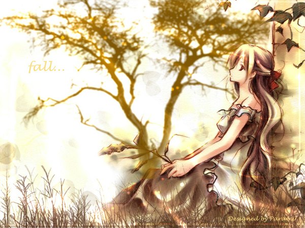 Anime picture 1024x768 with long hair blonde hair sitting bare shoulders inscription looking up autumn sepia girl dress bow plant (plants) hair bow grass branch