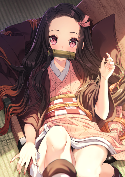 Anime picture 800x1131 with kimetsu no yaiba ufotable kamado nezuko rosuuri single long hair tall image looking at viewer blush fringe black hair holding signed traditional clothes japanese clothes pink eyes multicolored hair fingernails from above wide sleeves