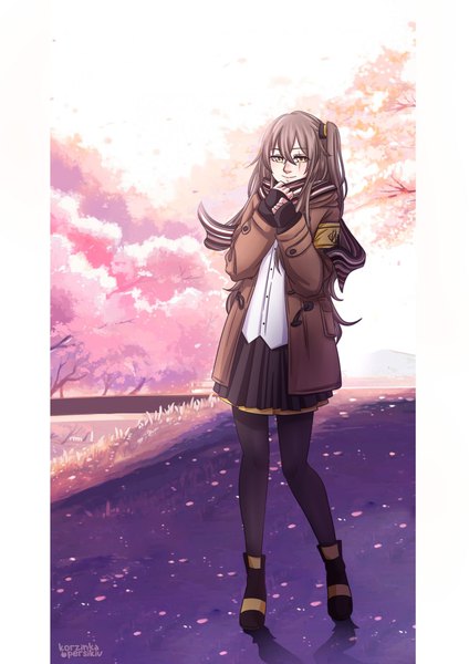 Anime picture 904x1280 with girls frontline ump45 (girls frontline) korzinka persikiv single long hair tall image fringe smile hair between eyes brown hair standing signed yellow eyes looking away full body outdoors long sleeves pleated skirt one side up cherry blossoms
