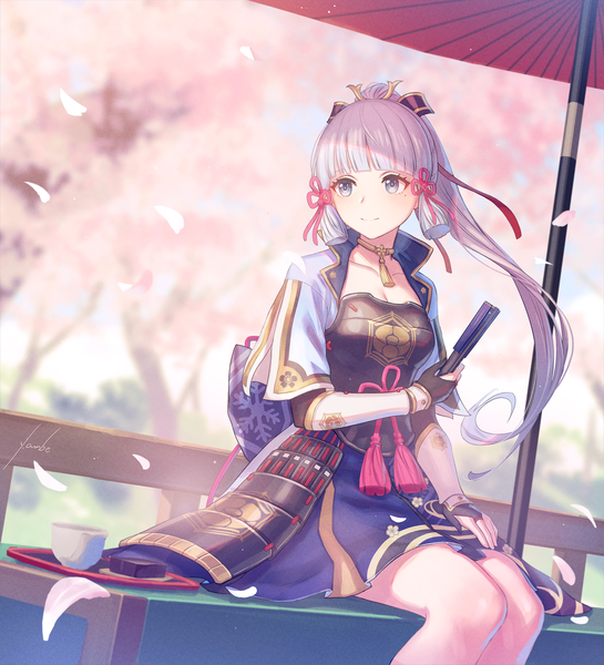 Anime picture 2014x2216 with genshin impact kamisato ayaka anbe yoshirou single long hair tall image highres smile sitting signed looking away silver hair ponytail blurry mole mole under eye cherry blossoms silver eyes tress ribbon girl