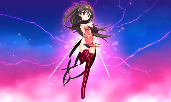 Anime picture 1024x614 with twinkle crusaders twinkle crusaders -passion star stream- iincho (twinkle crusaders -passion star stream-) long hair light erotic black hair red eyes wide image game cg girl dress gloves underwear panties weapon elbow gloves thigh boots tiara