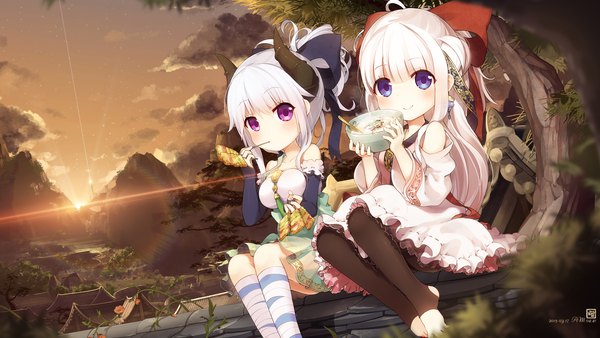 Anime picture 1920x1080 with original jakoujika long hair looking at viewer highres breasts blue eyes smile wide image sitting purple eyes bare shoulders multiple girls holding signed cloud (clouds) outdoors white hair ponytail very long hair