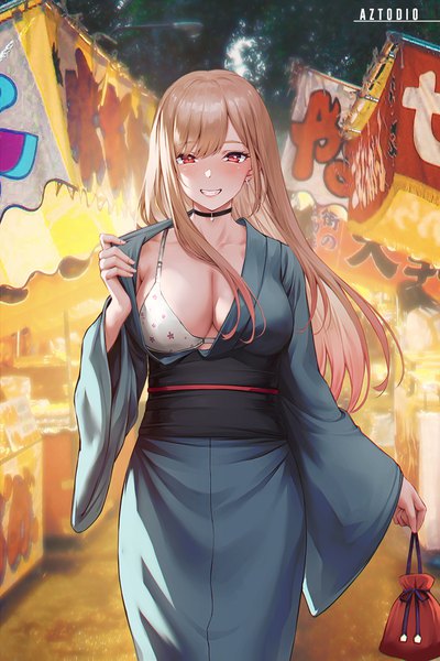 Anime picture 666x1000 with sono bisque doll wa koi wo suru cloverworks kitagawa marin azto dio single long hair tall image looking at viewer blush fringe breasts light erotic blonde hair smile red eyes large breasts standing holding signed outdoors