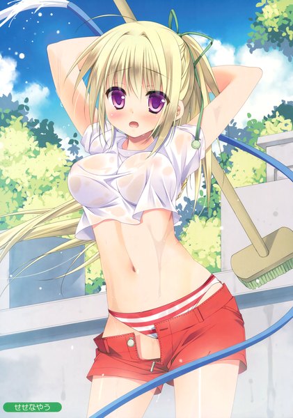 Anime picture 2455x3500 with melonbooks sesena yau single tall image blush highres breasts open mouth light erotic blonde hair purple eyes ponytail scan girl navel underwear panties shorts short shorts striped panties