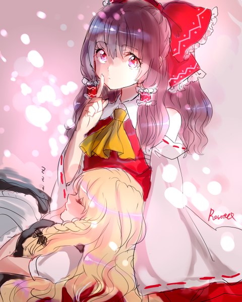 Anime picture 1024x1280 with touhou hakurei reimu kirisame marisa rosette (roze-ko) long hair tall image looking at viewer blonde hair multiple girls braid (braids) eyes closed traditional clothes japanese clothes pink eyes wide sleeves finger to mouth wavy hair side braid sleeping miko