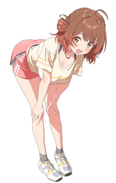Anime picture 1500x2353 with idolmaster gakuen idolmaster hanami ume sincos single tall image blush fringe short hair open mouth simple background smile brown hair white background brown eyes ahoge :d short sleeves hair bun (hair buns) bent over