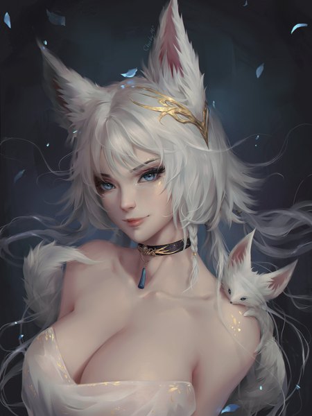 Anime picture 3072x4096 with original chubymi single long hair tall image looking at viewer fringe highres breasts blue eyes light erotic simple background large breasts bare shoulders signed animal ears payot absurdres cleavage upper body