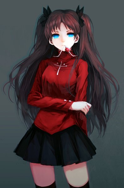 Anime picture 658x1000 with fate (series) fate/stay night type-moon toosaka rin zen33n single long hair tall image blue eyes black hair holding mouth hold girl thighhighs skirt bow black thighhighs hair bow pendant