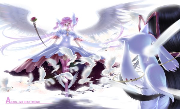 Anime picture 2500x1523 with mahou shoujo madoka magica shaft (studio) akemi homura kaname madoka goddess madoka kyuubee rail (silverbow) long hair highres black hair wide image twintails multiple girls pink hair starry sky print flock girl dress 2 girls animal