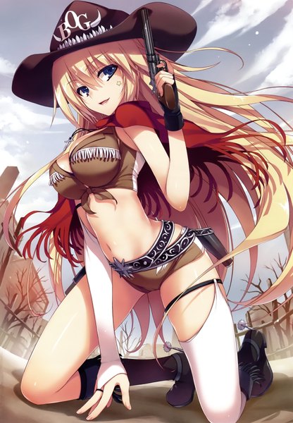 Anime picture 4950x7136 with original tomose shunsaku single long hair tall image looking at viewer highres blue eyes light erotic blonde hair absurdres scan kneeling girl thighhighs navel weapon hat white thighhighs shorts