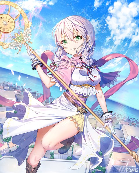 Anime picture 800x1000 with original roang single long hair tall image looking at viewer fringe smile hair between eyes holding green eyes signed pink hair sky cloud (clouds) outdoors braid (braids) parted lips sparkle twin braids