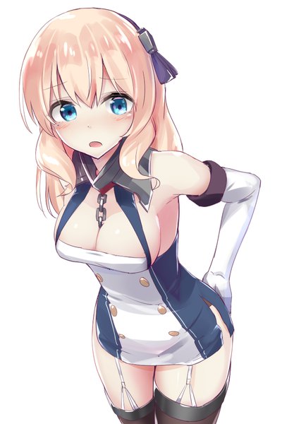Anime picture 721x1080 with azur lane honolulu (azur lane) leander (azur lane) tenrai single long hair tall image looking at viewer blush fringe breasts open mouth blue eyes light erotic blonde hair simple background hair between eyes large breasts standing white background