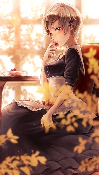 Anime picture 851x1500 with original sarami single tall image short hair brown hair sitting green eyes looking away maid eating underbust girl uniform leaf (leaves) fruit cherry