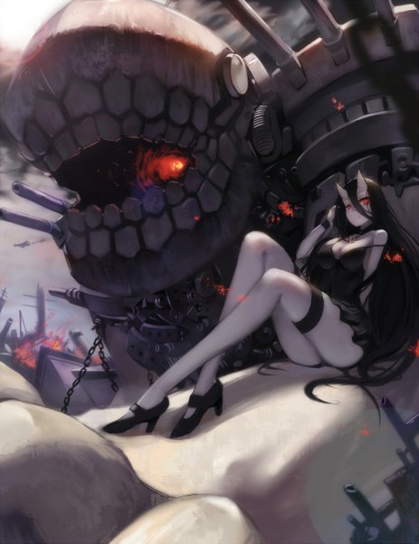 Anime picture 1250x1617 with kantai collection battleship-symbiotic hime undeedking single long hair tall image looking at viewer breasts light erotic black hair hair between eyes red eyes sitting horn (horns) teeth high heels oni horns white skin shinkaisei-kan girl