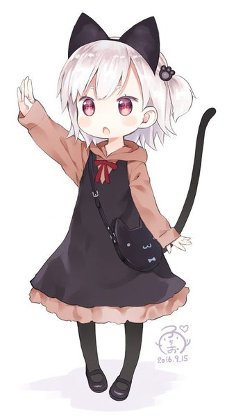 Anime picture 565x995 with original kaburi chiko capriccio single tall image blush fringe short hair open mouth simple background red eyes standing white background animal ears full body white hair tail animal tail arm up cat ears