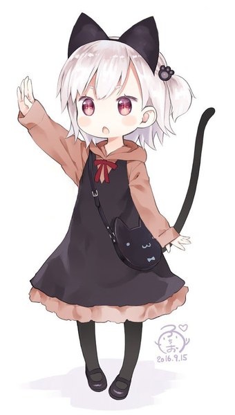 Anime-Bild 565x995 mit original kaburi chiko capriccio single tall image blush fringe short hair open mouth simple background red eyes standing white background animal ears full body white hair tail animal tail arm up cat ears