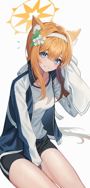 Anime picture 2747x5712 with blue archive mari (blue archive) mari (gym uniform) (blue archive) sugar (dndi888) single long hair tall image fringe highres blue eyes simple background smile hair between eyes white background sitting animal ears hair flower orange hair open jacket official alternate costume