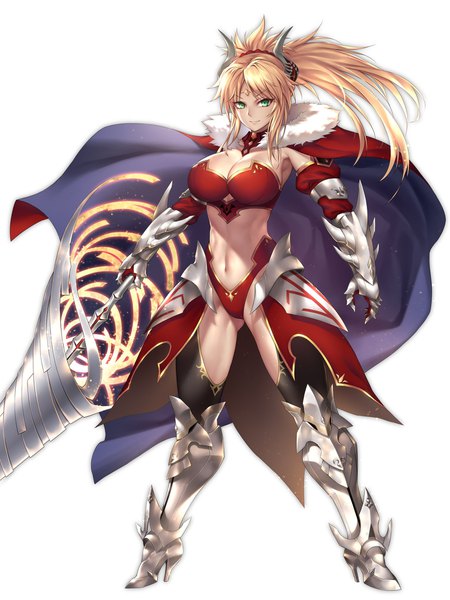 Anime picture 1536x2048 with fate (series) fate/grand order artoria pendragon (all) mordred (fate) artoria pendragon (lancer) nasaniliu single long hair tall image looking at viewer fringe breasts light erotic blonde hair simple background smile large breasts standing white background holding