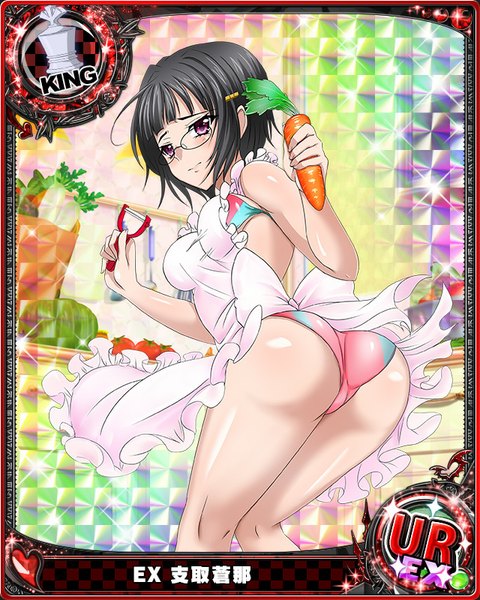 Anime picture 640x800 with highschool dxd sona sitri single tall image blush short hair light erotic black hair purple eyes ass looking back card (medium) cooking nearly naked apron girl underwear panties glasses lingerie bra