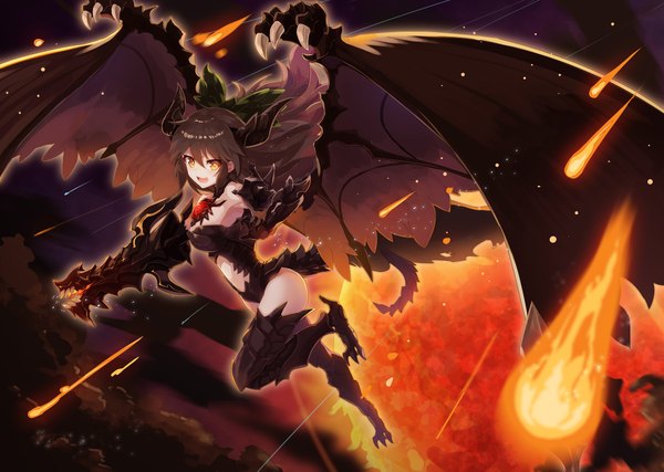 Anime picture 3642x2589 with touhou final fantasy final fantasy xvi square enix reiuji utsuho bahamut (final fantasy) rin falcon single long hair looking at viewer highres breasts open mouth light erotic black hair smile large breasts yellow eyes absurdres tail