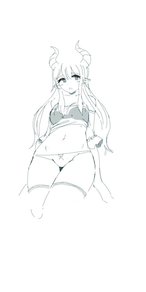 Anime picture 400x800 with original miminochan single long hair tall image looking at viewer blush light erotic white background horn (horns) pointy ears monochrome lineart girl thighhighs underwear panties bow panties