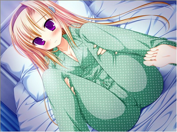 Anime picture 1024x768 with rain memory amamiya rein long hair blush light erotic purple eyes game cg orange hair girl bed pajamas
