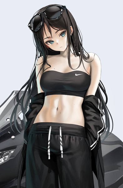 Anime picture 1320x2011 with original nike tokkihouse single long hair tall image looking at viewer blush fringe blue eyes black hair simple background standing bare shoulders head tilt off shoulder mole midriff mole under eye hands behind back
