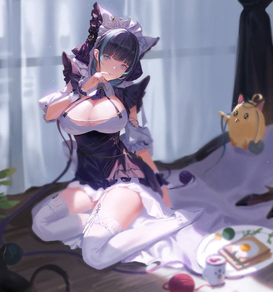 Anime picture 1200x1286 with azur lane manjuu (azur lane) cheshire (azur lane) dongfangzhong111 single tall image looking at viewer fringe short hair breasts blue eyes light erotic black hair large breasts sitting payot cleavage full body bent knee (knees) indoors