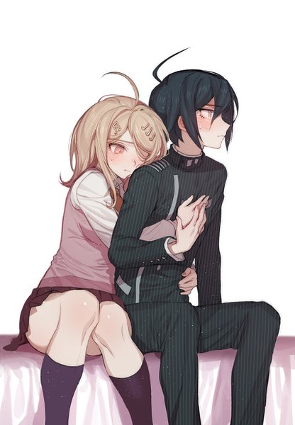 Anime picture 855x1234 with dangan ronpa new danganronpa v3 saihara shuuichi akamatsu kaede zuizi long hair tall image blush fringe short hair light erotic black hair blonde hair simple background hair between eyes red eyes white background sitting ahoge profile