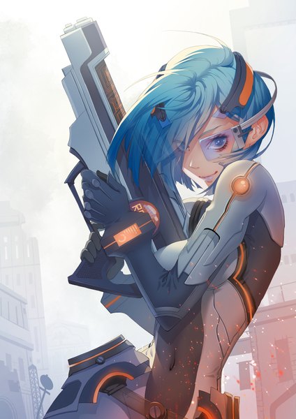 イラスト 1447x2046 と オリジナル shou shizuku (deme) ソロ 長身像 カメラ目線 前髪 短い髪 おっぱい 青い目 笑顔 立つ holding 青い髪 女の子 へそ 武器 銃砲 ボディースーツ