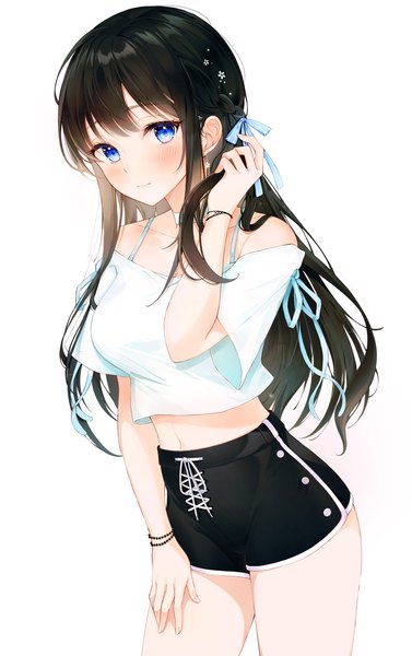 Anime picture 2217x3532 with original lebring single long hair tall image looking at viewer blush fringe highres blue eyes black hair simple background standing white background bare shoulders payot nail polish fingernails light smile off shoulder