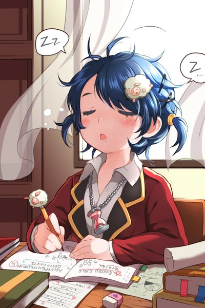 Anime picture 1000x1500 with sword girls wooni single tall image short hair open mouth twintails blue hair open collar sleeping girl uniform hair ornament school uniform window pendant book (books) curtains speech bubble paper