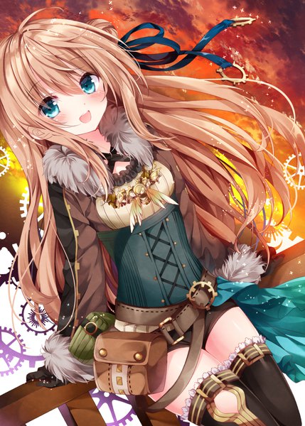 Anime picture 700x979 with original nogi takayoshi single long hair tall image looking at viewer blush open mouth blue eyes blonde hair smile sitting sky cloud (clouds) ahoge :d wind arm support dutch angle fur trim
